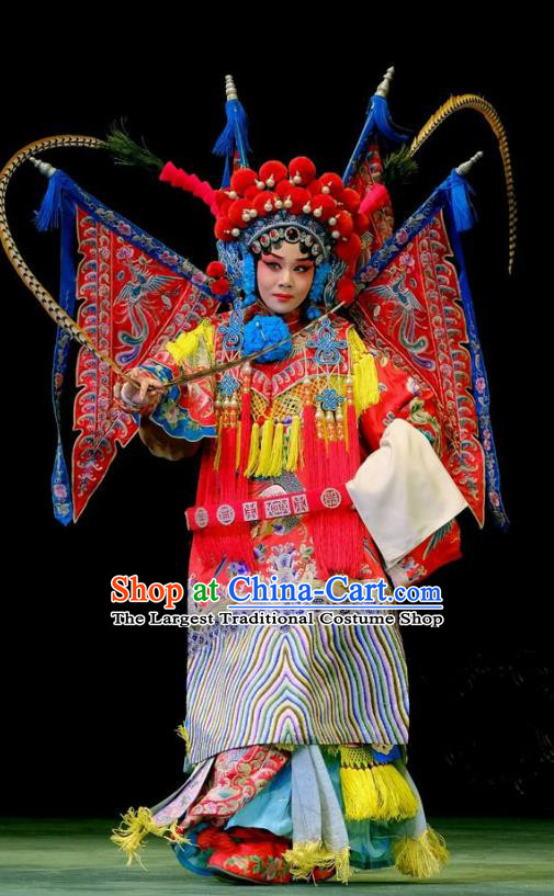 Chinese Beijing Opera Female General Apparels Fan Jiang Guan Costumes and Headdress Traditional Peking Opera Tao Ma Tan Red Dress Fan Lihua Armor Garment with Flags