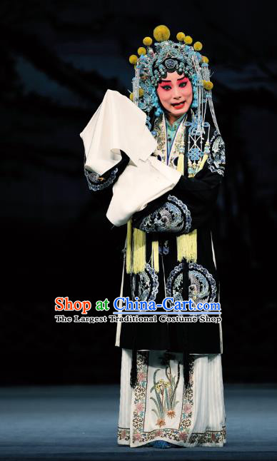 Chinese Beijing Opera Distress Female Apparels Costumes and Headdress Sacrifice Zhao Shi Gu Er Traditional Peking Opera Young Woman Black Dress Garment
