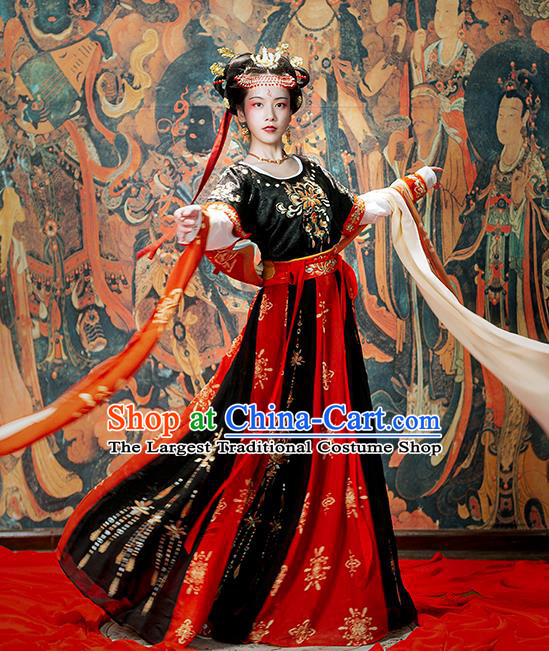 Chinese Ancient Classical Dance Hanfu Garment Costumes Tang Dynasty Palace Lady Black Half Sleeved Top Blouse and Skirt Complete Set