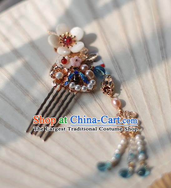 Handmade Chinese Classical Plum Hair Comb Traditional Hair Accessories Ancient Hanfu Beads Tassel Hairpins for Women