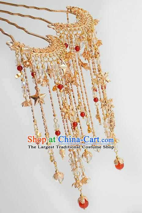 Handmade Chinese Golden Hair Clip Traditional Hair Accessories Ancient Hanfu Classical Star Tassel Hairpins for Women