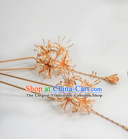 Handmade Chinese Golden Manjusaka Hair Clip Traditional Hair Accessories Ancient Hanfu Classical Tassel Hairpins for Women