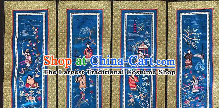 Chinese National Embroidered Eight Immortals Blue Silk Painting Traditional Handmade Embroidery Craft Folding Screen Decorative Picture
