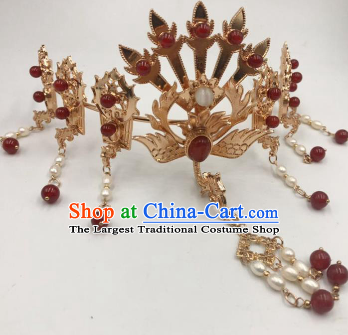 China Ancient Princess Golden Phoenix Hair Crown Traditional Hanfu Hair Accessories Ming Dynasty Tassel Hairpin