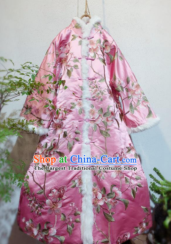 China Traditional Pink Silk Dust Coat Tang Suit Winter Clothing National Embroidered Peach Blossom Outer Wear