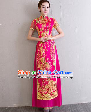 China Classical Dance Lace Sequins Rosy Qipao Dress Bride Clothing Catwalks Show Aodai Cheongsam