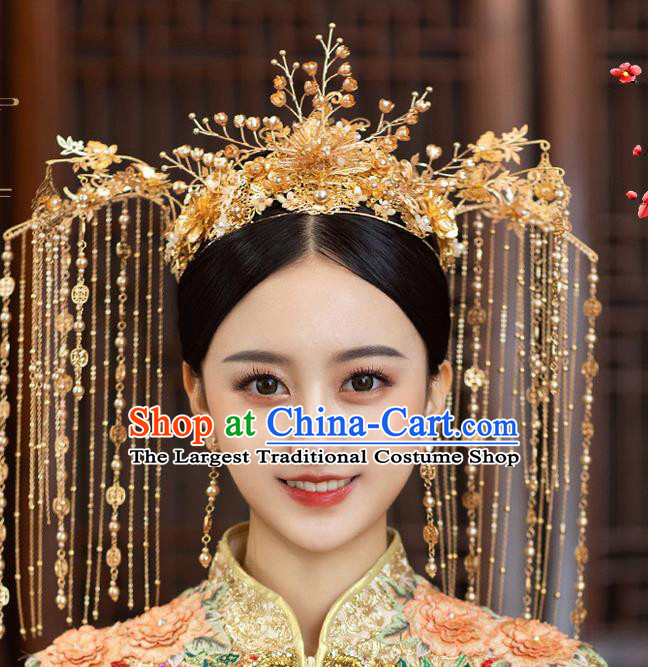 Chinese Classical Bride Luxury Tassel Phoenix Coronet Traditional Wedding Hair Accessories Xiuhe Suit Golden Hair Crown