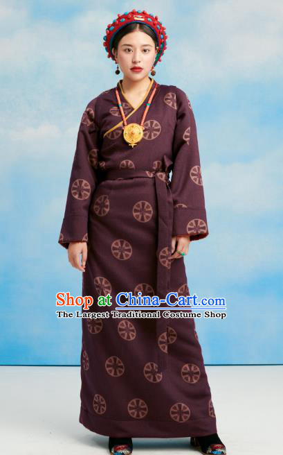 China Tibetan Ethnic Folk Dance Costume Zang Nationality Purple Bola Dress Clothing