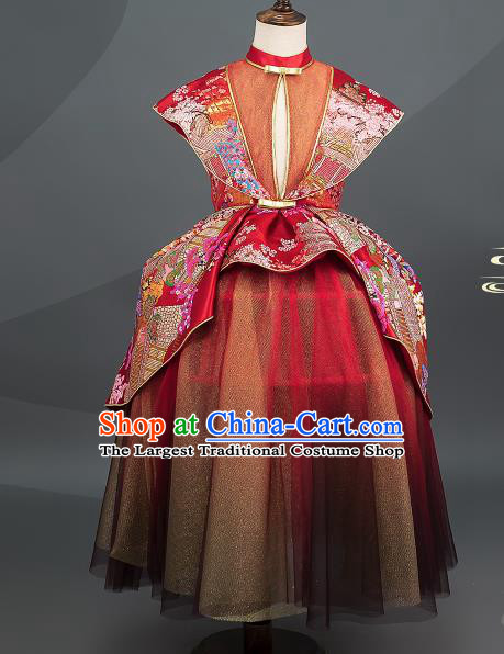 Custom Children Piano Performance Fashion Baroque Princess Clothing Stage Show Red Dress Girl Catwalks Full Dress
