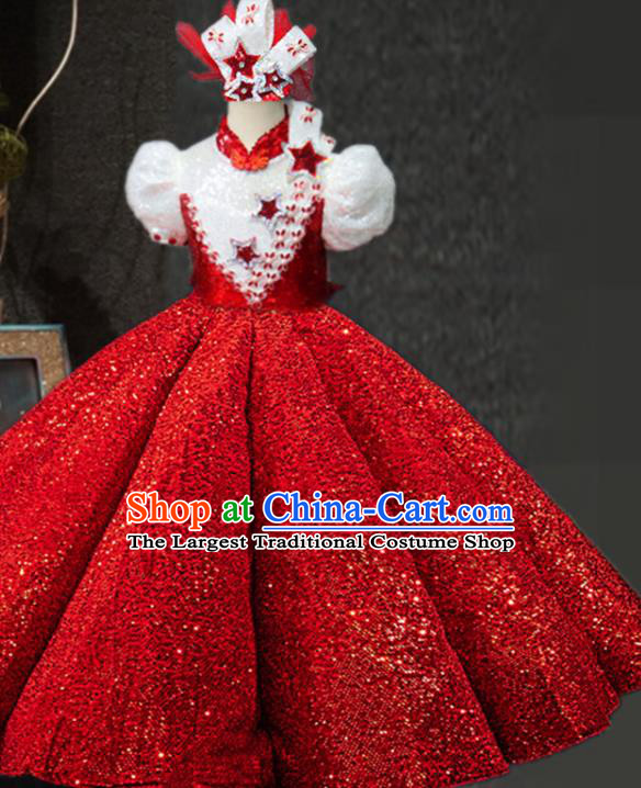 Top Girl Catwalks Red Sequins Dress Children Stage Show Clothing Girls Chorus Formal Evening Wear Costume