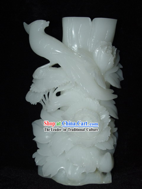 Rare Chinese White Jade Bird and Flower Vase