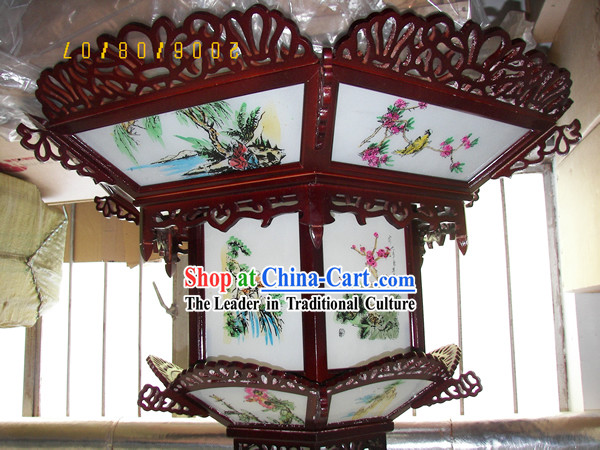48" Large Chinese Hand Painted and Carved Two Layers Palace Basket Ceiling Lantern
