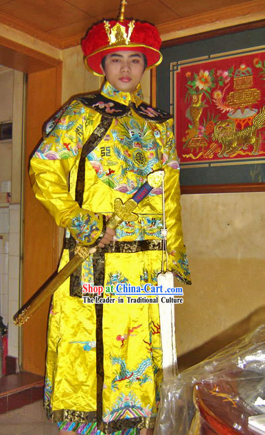 Supreme Chinese Qing Dynasty Emperor Dragon Costumes and Hat Complete Set