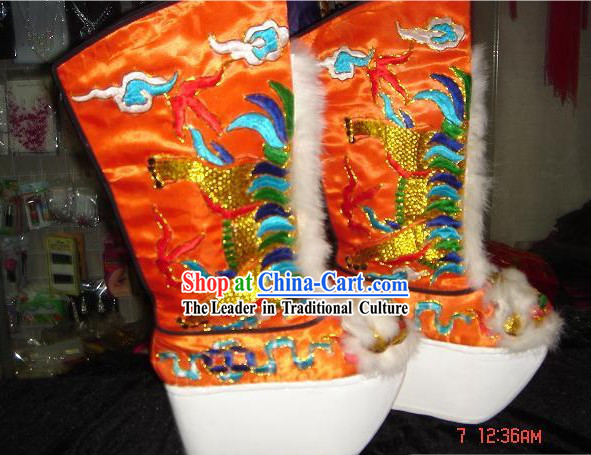 Supreme Chinese Traditional Embroidered Lion Heads High Heel Boot