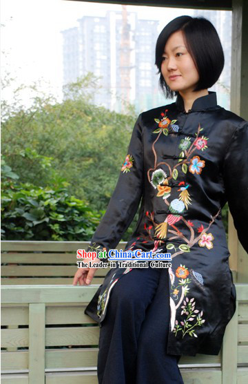 Chinese Traditional Handmade and Embroidered Bird and Flower Long Silk Overcoat for Women