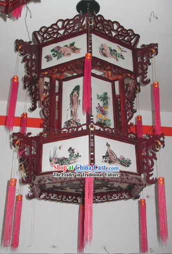 Large Classical Hand Made Wood Ceiling Lantern - Traditional Chinese Painting