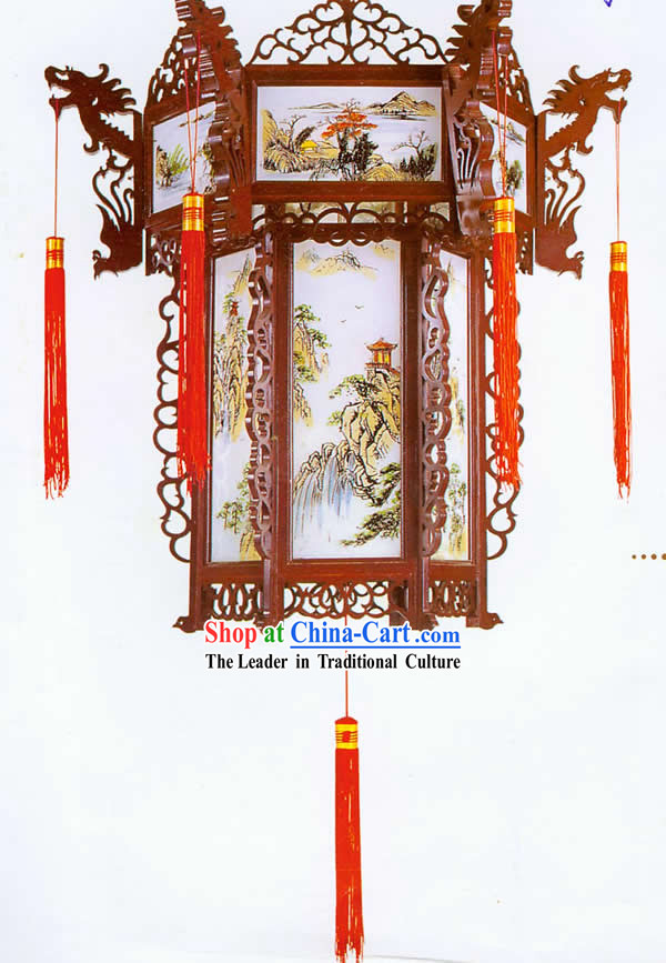 Chinese Classical Landscape Hand Painted Carved Palace Lantern