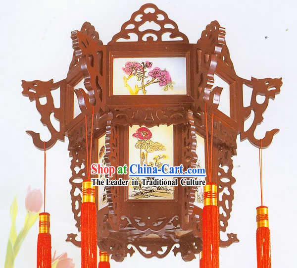 Chinese Hand Made Carved Wooden Double Dragons Ceiling Lantern - Traditional Painting