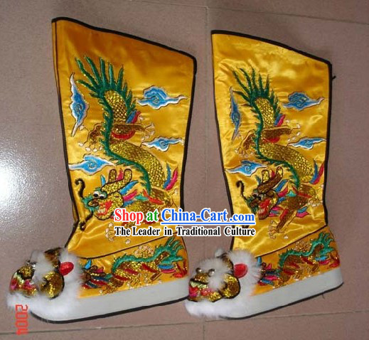 Chinese Traditional Gold Long Boots with Hand Embroidery Dragons