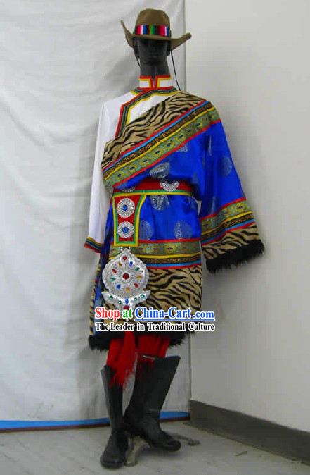 Chinese Traditional Tibet Minority Dance Costume and Hat Complete Set for Men