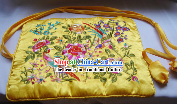 Chinese Traditional Gold Bird and Flower Embroidery Handbag