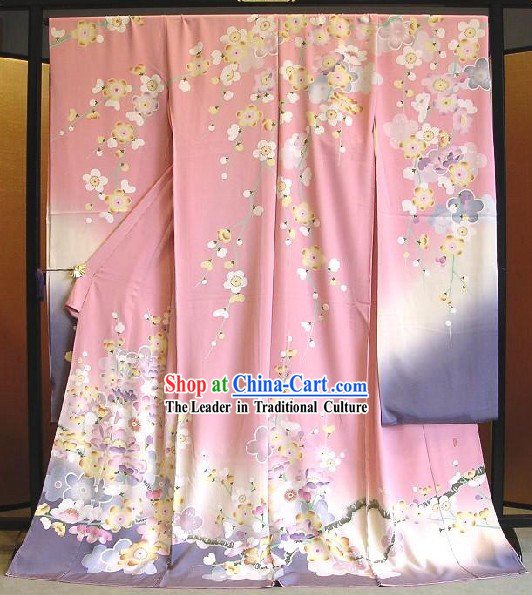 Traditional Japanese Pink Flowery Kimono Handbag and Geta Complete Set
