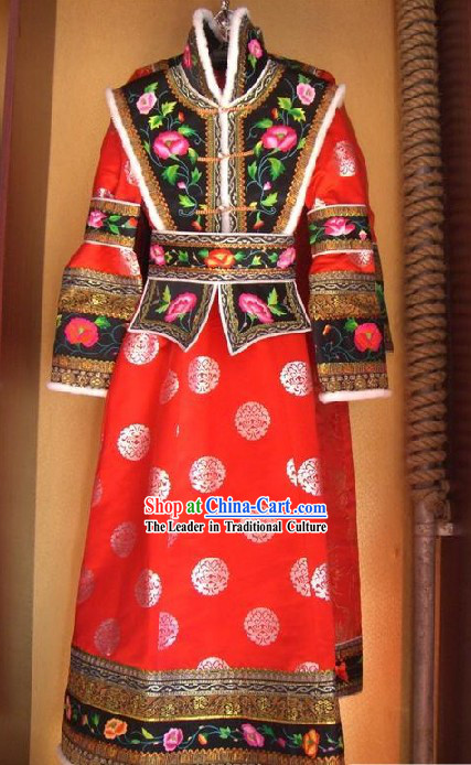 Supreme Chinese Classical Handmade Mongolian Princess Long Robe and Hat Complete Set
