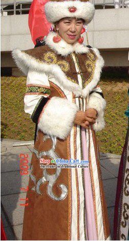 Chinese Unique Mongolian Long Robe and Hat Complete Set for Women