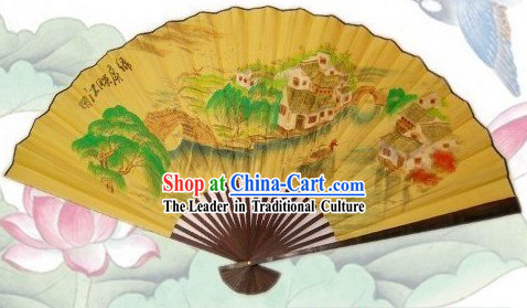 65 Inches Chinese Traditional Handmade Hanging Silk Decoration Fan - Ancient Village Scene