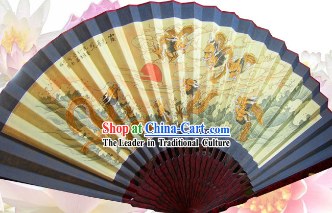 79 Inch Giant Hand Painted Nine Dragons Wall Fan
