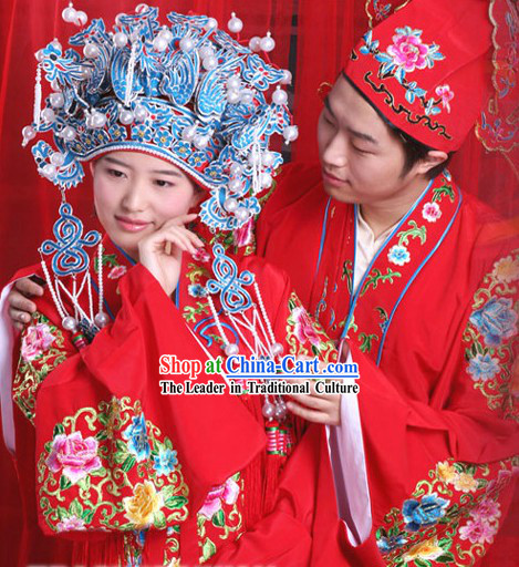 Supreme Ancient Chinese Wedding Dresses 2 Complete Sets for Bride and Bridegroom