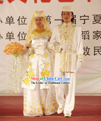Chinese Hui Minority Wedding Dress 2 Sets for Bride and Bridegroom