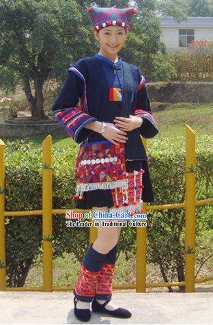 Chinese Traditional Hani Minority Dress and Hat Set