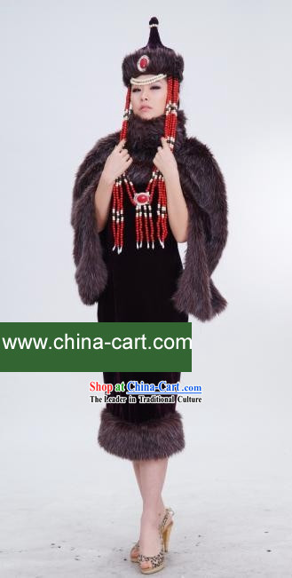 Chinese Tradiitoinal Minority Long Fur Dress and Hat Complete Set