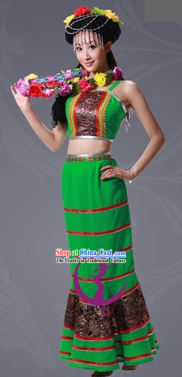 Chinese Bulang Minority Costume and Hat Complete Set