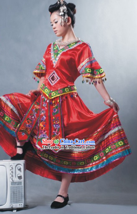 Miao People Dance Costume and Jewelry Complete Set