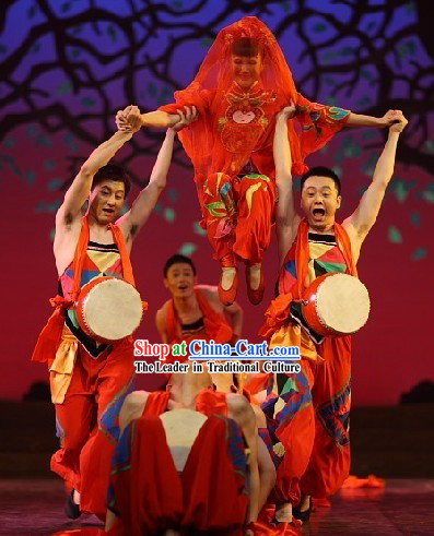 Chinese Traditional Waist Drum Dance Costumes and Drum Set for Men