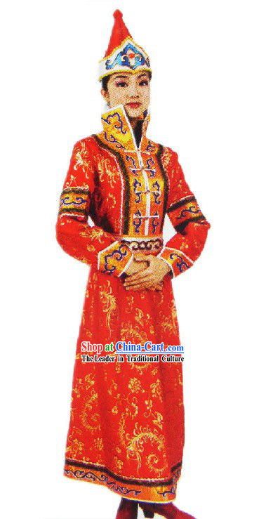 Traditional Mongolian Red Dance Costumes and Hat for Women