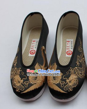 Chinese Classic Black Dragon Phoenix Embroidery Shoes for Men