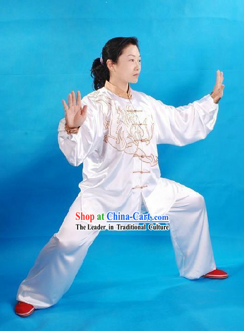 Traditional Chinese White Embroidered Kylin Tai Chi Suit