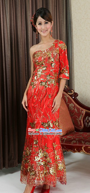 Golen Flower Red Evening Wedding Dress for Brides