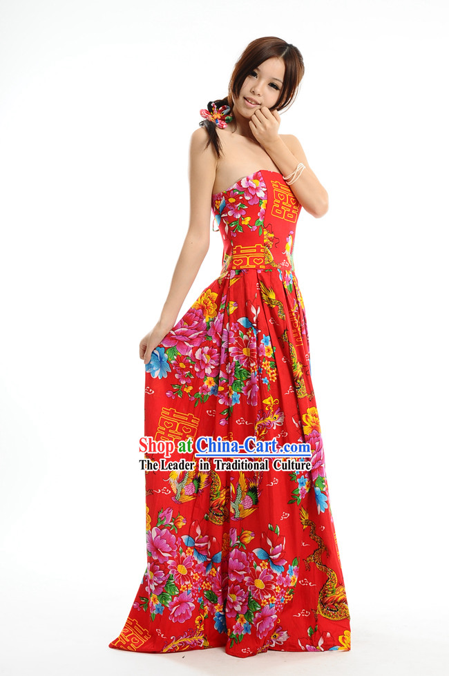 Lucky Red Chinese Phoenix Dragon Wedding Skirt for Brides