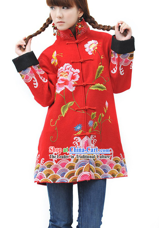 Chinese Spring Festival Red Embroidered Dress for Women
