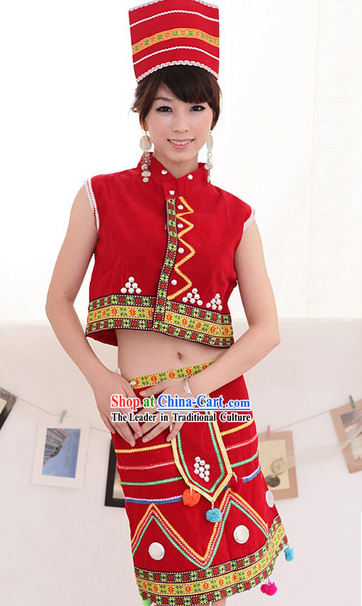 Jingpo Minority Traditional Dress and Hat Complete Set