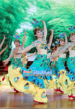 Blue Peacock Group Dancing Costume and Hair Decoration Set