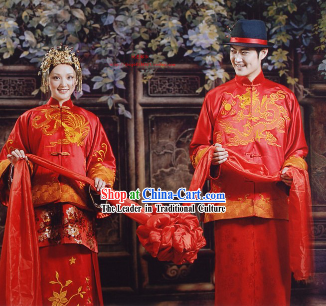 Chinese Dragon and Phoenix Wedding Dress and Hat Two Sets for Bride and Bridegroom