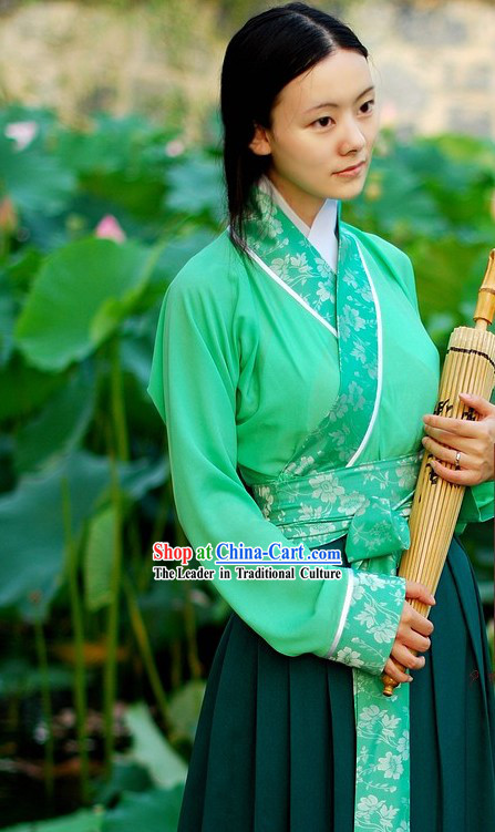 Chinese Women Green Hanfu Blouse and Skirt Set