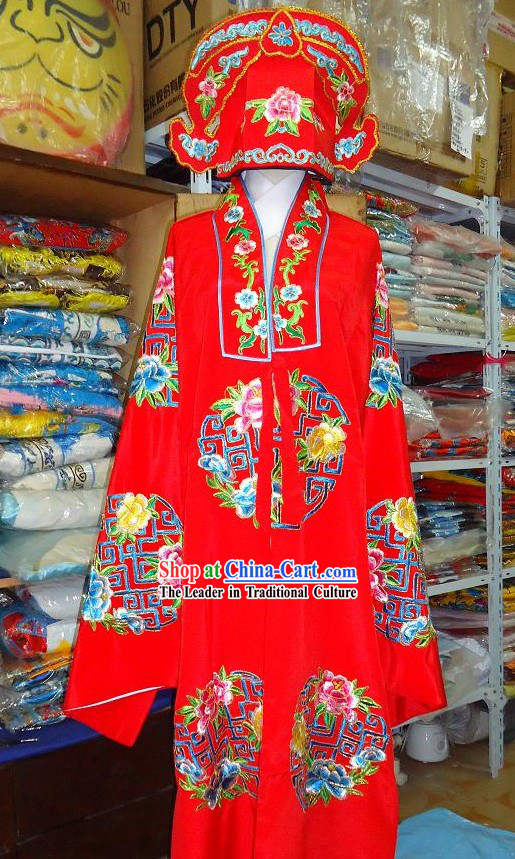 Chinese Opera Bridegroom Embroidered Wedding Dress and Hat