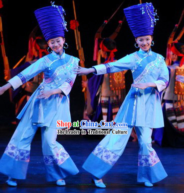 Traditional Chinese Ethnic Stage Performance Dance Costumes and Hat