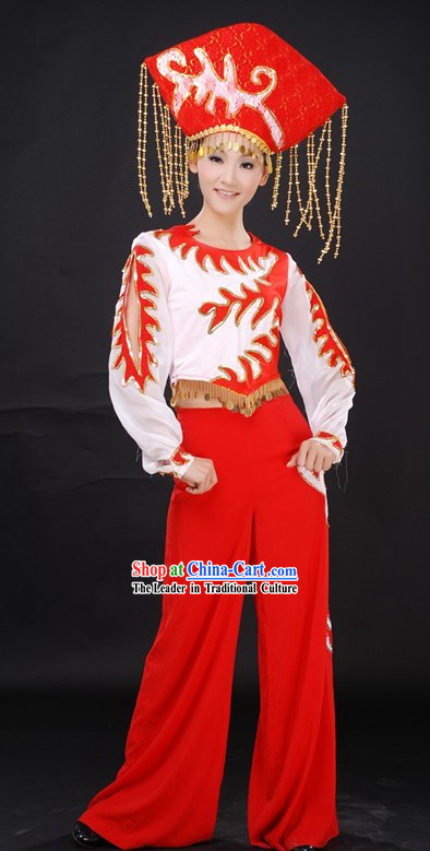 Traditional Chinese Ethnic Dance Costumes and Hat